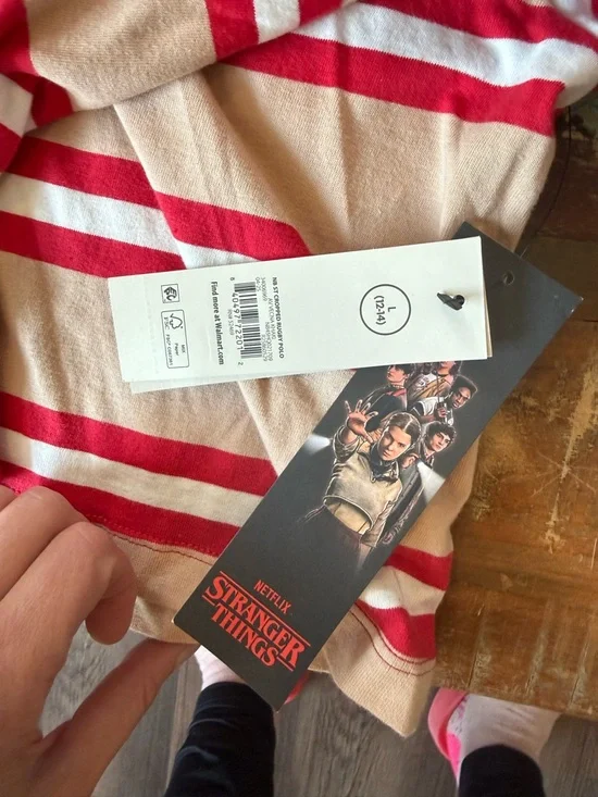 No Boundaries Red & Cream Striped Long-Sleeve Rugby Crop Top - Picture 3 of 3